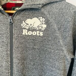 ROOTS Jumpsuit Heathered Grey Red Cream Hood Zip Pouch Kids XL Women’s Small